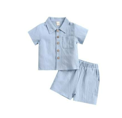 Cotton And Linen Short-sleeved Lapel Polo Shirt Solid Color Boys' Two-piece Suit
