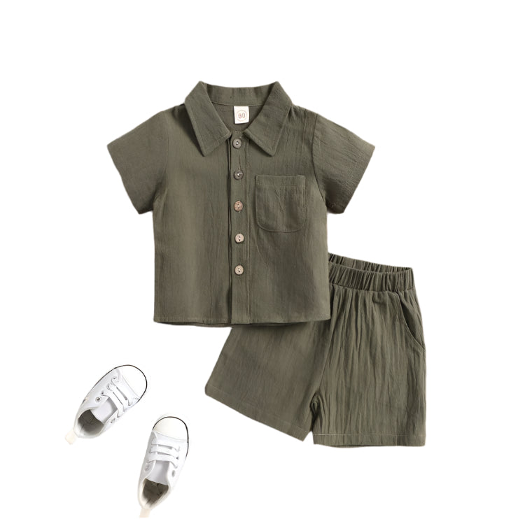 Cotton And Linen Short-sleeved Lapel Polo Shirt Solid Color Boys' Two-piece Suit