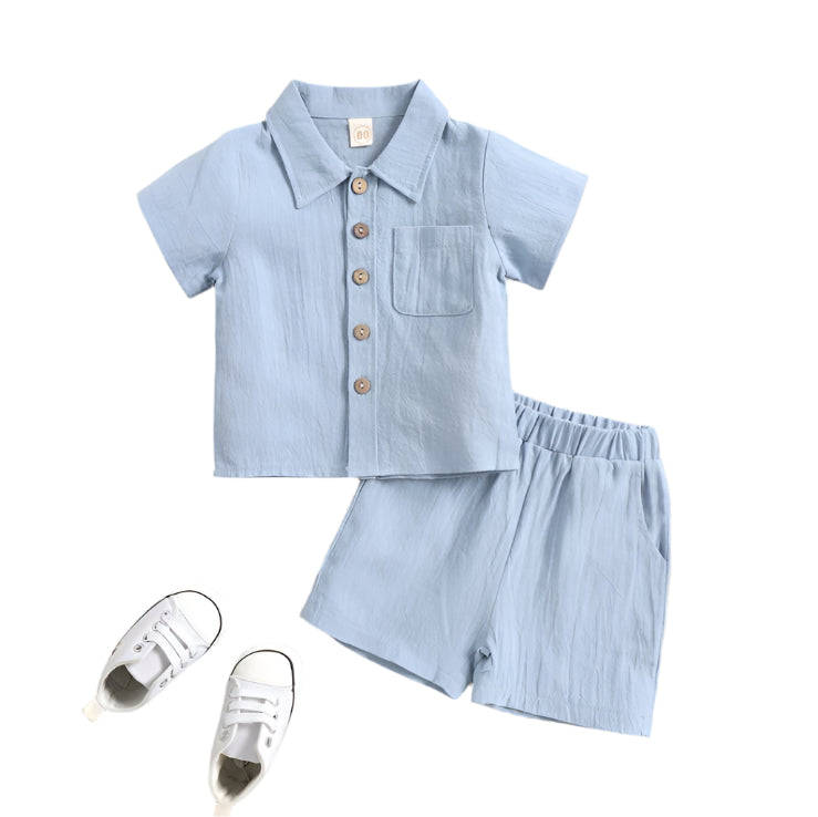 Cotton And Linen Short-sleeved Lapel Polo Shirt Solid Color Boys' Two-piece Suit